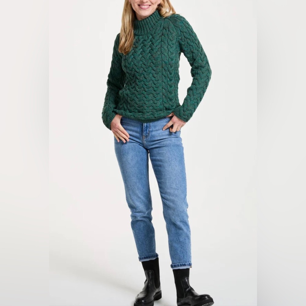 ARAN WOOLEN MILL Knightstown Aran Merino Wool Crew Sweater Green XS